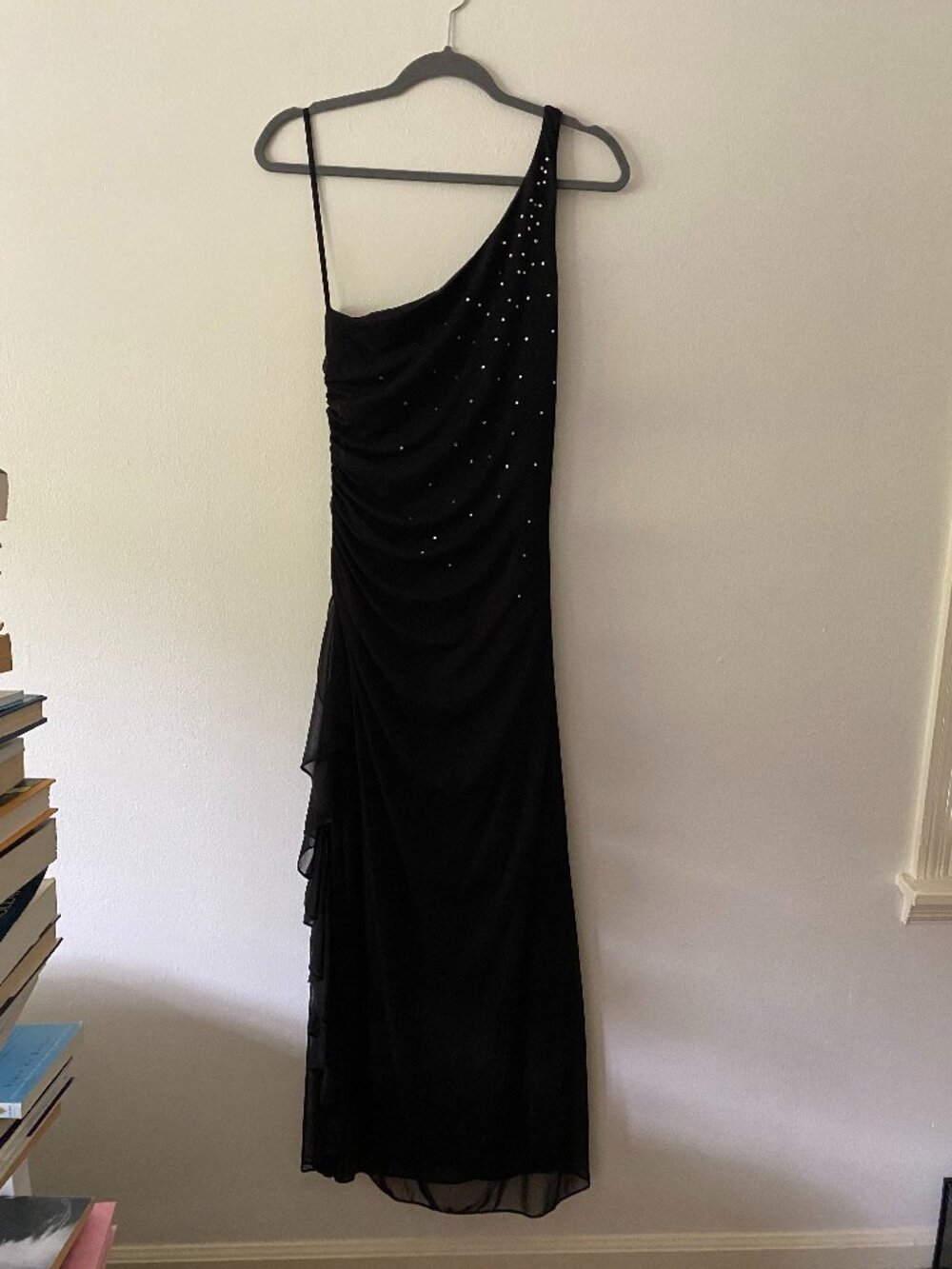 Vintage 1990s Jodi Kristopher Black One Shoulder Ruffle Rhinestone Party Dress M